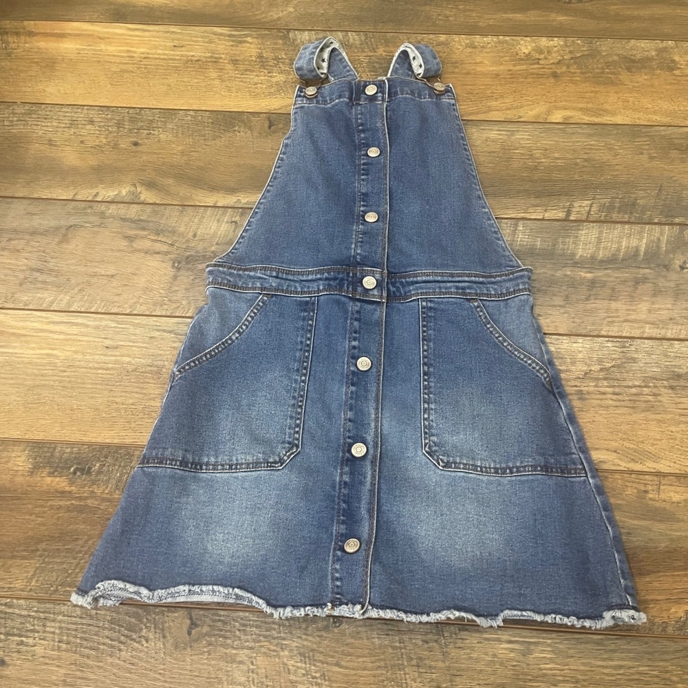 Boden Girls Blue Denim Pinafore Dress Star Print Lining Raw Hem Size 13-14Y